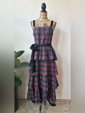 Allison & Kelly Plaid Printed Square Neck Tie Waist Tiered Dress Size L